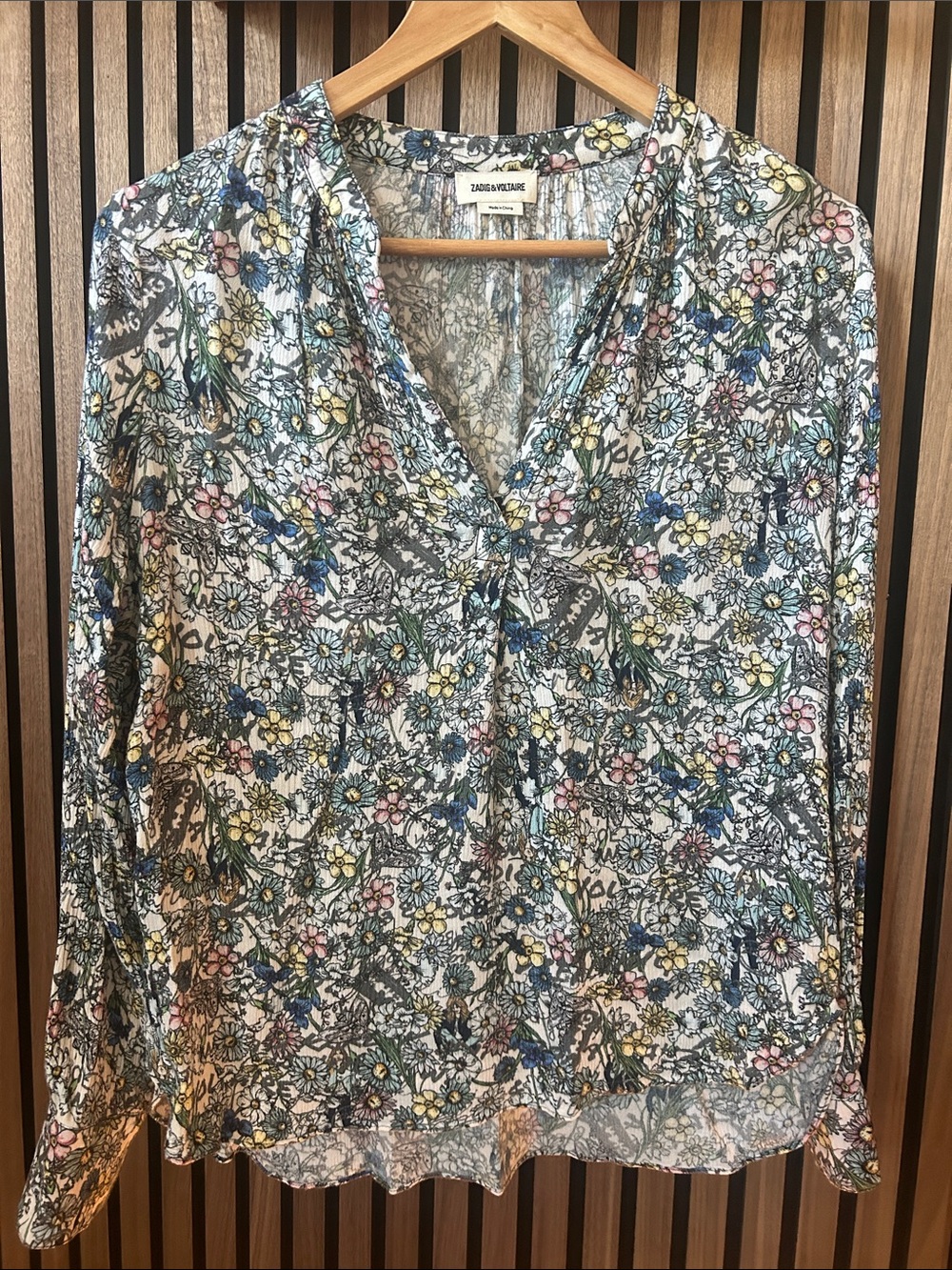 Zadig & Voltaire Floral Sheer V-Neck Blouse in White, Blue, Pink, Yellow, Green